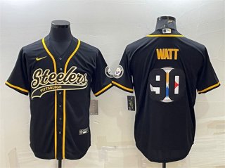 Pittsburgh Steelers #90 T. J. Watt Black Team Big Logo With Patch Cool Base Stitched
