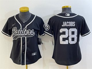 Youth Las Vegas Raiders #28 Josh Jacobs Black With Patch Cool Base Stitched Baseball