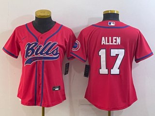 Buffalo Bills #17 Josh Allen Red With Patch Cool Base Stitched Baseball Jersey(Run