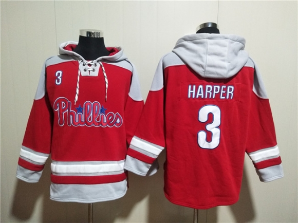 Philadelphia Phillies #3 Bryce Harper Red Ageless Must-Have Lace-Up Pullover Hoodie