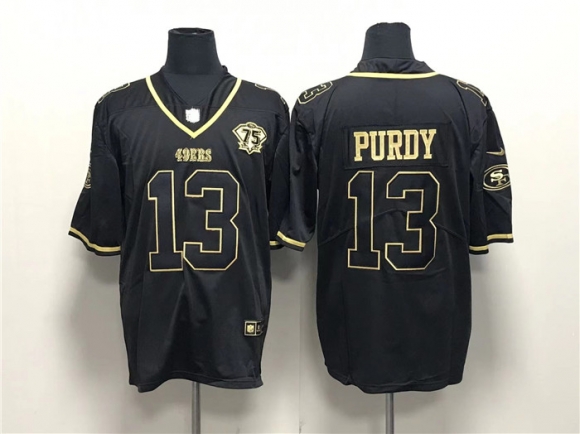 Men's San Francisco 49ers #13 Brock Purdy Black Gold With 75th Anniversary Patch Stitched