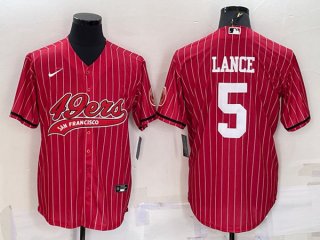 San Francisco 49ers #5 Trey Lance Red With Patch Cool Base Stitched Baseball Jersey