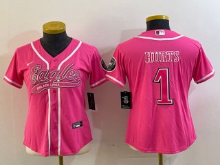 Women's Philadelphia Eagles #1 Jalen Hurts Pink Cool Base Stitched Baseball Jersey(Run