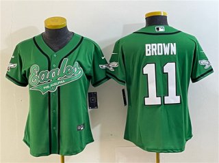 Women's Philadelphia Eagles #11 A. J. Brown Green Cool Base Stitched Baseball Jersey(Run