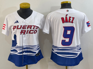 Women's Puerto Rico Baseball #9 Javier Báez 2023 White World Baseball Classic Stitched