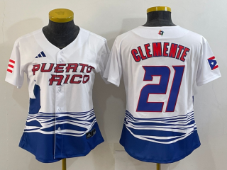 Women's Puerto Rico Baseball #21 Roberto Clemente 2023 White World Baseball Classic