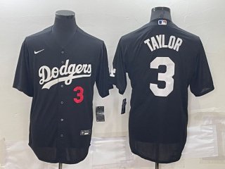 Los Angeles Dodgers #3 Chris Taylor Black Cool Base Stitched Baseball Jersey red leter