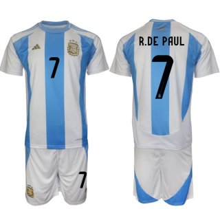 Argentina #7 Rodrigo Javier De Paul White Blue 2024-25 Home Soccer Jersey Suit