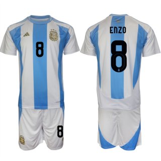 Argentina #8 Enzo White Blue 2024-25 Home Soccer Jersey Suit
