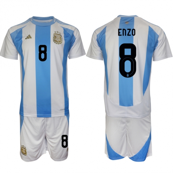 Argentina #8 Enzo White Blue 2024-25 Home Soccer Jersey Suit