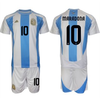 Argentina #10 Diego Maradona White Blue 2024-25 Home Soccer Jersey Suit