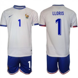 France #1 Hugo Lloris White 2024-25 Away Soccer Jersey Suit
