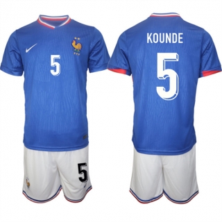 France #5 Jules Koundé Blue 2024-25 Home Soccer Jersey Suit