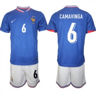 France #6 Eduardo Camavinga Blue 2024-25 Home Soccer Jersey Suit