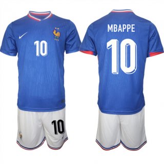 France #10 Mbappe Blue 2024-25 Home Soccer Jersey Suit