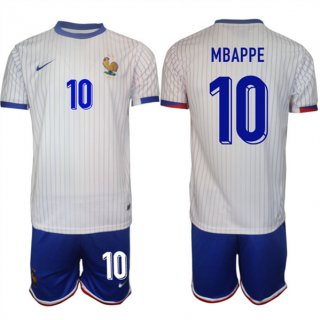France #10 Mbappé White 2024-25 Away Soccer Jersey Suit