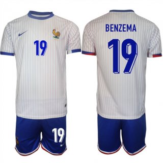 France #19 Karim Benzema White 2024-25 Away Soccer Jersey Suit