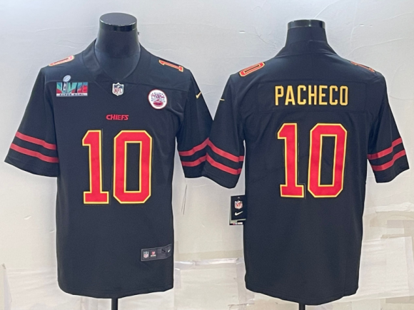 Men’s Kansas City Chiefs #10 Isiah Pacheco Black Red Gold Super Bowl LVII Patch Vapo