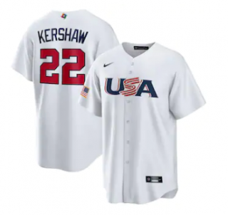 Men's USA Baseball #22 Clayton Kershaw 2023 White World Baseball Classic Replica Stitched