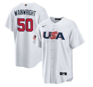 Men's USA Baseball #50 Adam Wainwright 2023 White World Baseball Classic Replica Stitched