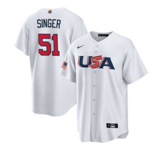 Men's USA Baseball #51 Brady Singer 2023 White World Baseball Classic Replica Stitched