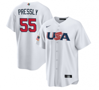 Men's USA Baseball #55 Ryan Pressly 2023 White World Baseball Classic Replica Stitched