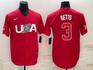 Men's USA Baseball #3 Mookie Betts 2023 Red World Baseball Classic Stitched Jersey