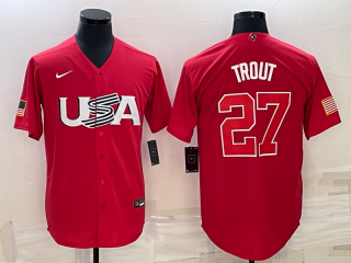 Men's USA Baseball #27 Mike Trout 2023 Red World Baseball Classic Stitched Jersey