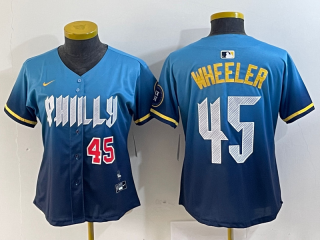 women Philadelphia Phillies #45 Zack Wheeler Blue 2024 City Connect Limited Stitched Jersey 2