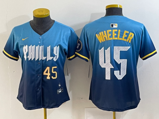 women Philadelphia Phillies #45 Zack Wheeler Blue 2024 City Connect Limited Stitched Jersey 3