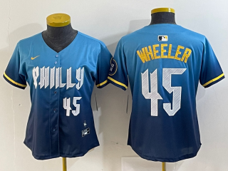 women Philadelphia Phillies #45 Zack Wheeler Blue 2024 City Connect Limited Stitched Jersey 4