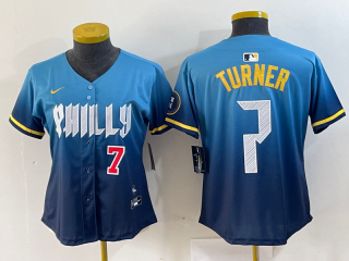 women Philadelphia Phillies #7 Trea Turner Blue 2024 City Connect Limited Stitched Jersey 2