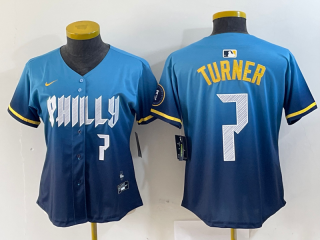 women Philadelphia Phillies #7 Trea Turner Blue 2024 City Connect Limited Stitched Jersey 4