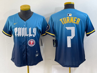 women Philadelphia Phillies #7 Trea Turner Blue 2024 City Connect Limited Stitched Jersey 5