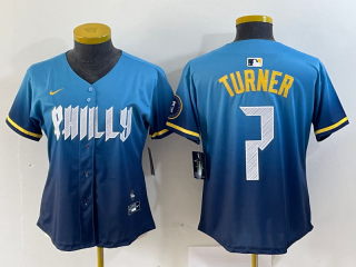 women Philadelphia Phillies #7 Trea Turner Blue 2024 City Connect Limited Stitched Jersey