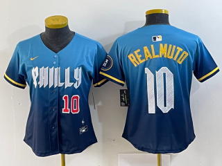 women Philadelphia Phillies #10 J.T. Realmuto Blue 2024 City Connect Limited Stitched Jersey 2