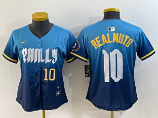 women Philadelphia Phillies #10 J.T. Realmuto Blue 2024 City Connect Limited Stitched Jersey 3
