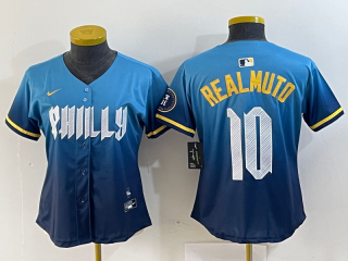 women Philadelphia Phillies #10 J.T. Realmuto Blue 2024 City Connect Limited Stitched Jersey