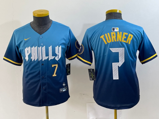 Youth Philadelphia Phillies #7 Trea Turner Blue with gold number 2024 City Connect Limited Stitched