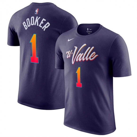 Phoenix Suns #1 Devin Booker Purple 2023-24 City Edition Name & Number T-Shirt