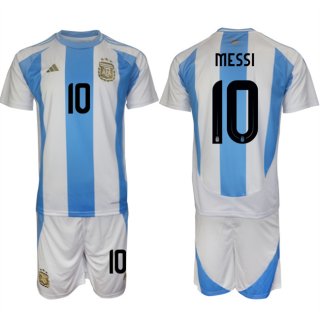 Youth Argentina #10 Messi White Blue 2024-25 Home Soccer Jersey Suit