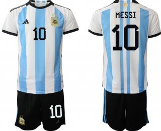 Youth Argentina #10 Messi White Blue 2022 FIFA World Cup Home Soccer Jersey Suit