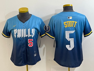 Philadelphia Phillies #5 Bryson Stott 2024 city blue women jersey 3