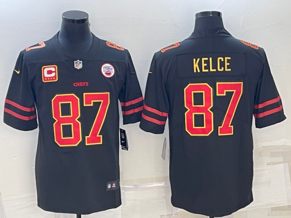 Men’s Kansas City Chiefs #87 Travis Kelce Black Red Gold 4-Star C Patch Vapor Untouchable