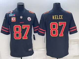 Men’s Kansas City Chiefs #87 Travis Kelce Black Red Gold Super Bowl LVII Patch And 4-Star