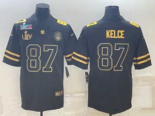 Men's Kansas City Chiefs #87 Travis Kelce Black Golden Super Bowl LV And Super Bowl LVII
