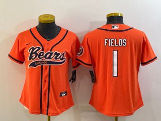 Youth Chicago Bears #1 Justin Fields Orange With Patch Cool Base Stitched Baseball Jersey