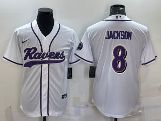 Baltimore Ravens #8 Lamar Jackson White With Patch Cool Base Stitched Baseball