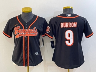 Youth Cincinnati Bengals #9 Joe Burrow Black With Patch Cool Base Stitched Baseball Jersey