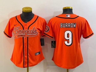 Youth Cincinnati Bengals #9 Joe Burrow Orange With Patch Cool Base Stitched Baseball Jersey